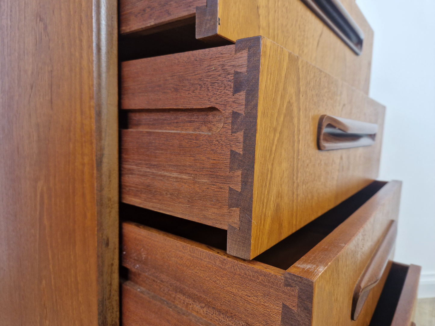 VB Wilkins For G Plan Red Label Mid Century Solid Teak Vintage Tallboy Chest of Drawers