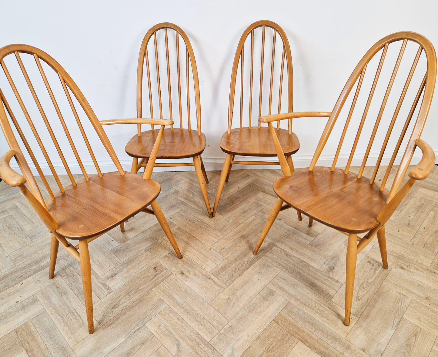 Ercol Quaker Vintage Mid Century Danish Deign Solid Elm Set 4 Dining Chairs BL581