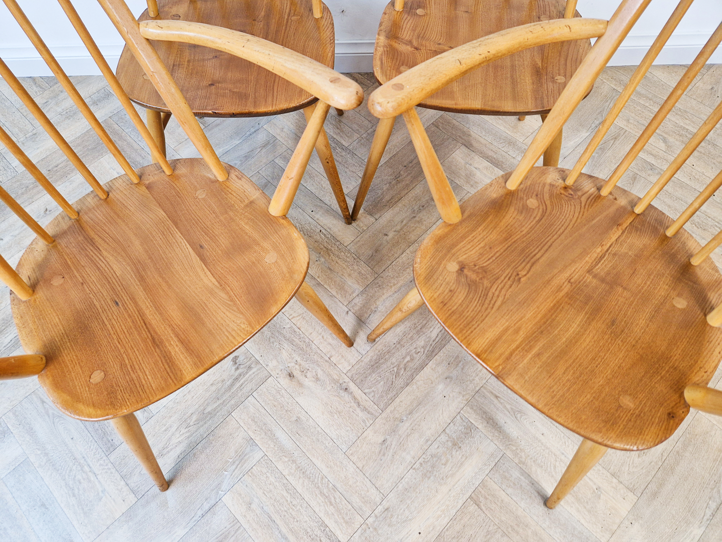 Ercol Quaker Vintage Mid Century Danish Deign Solid Elm Set 4 Dining Chairs BL581