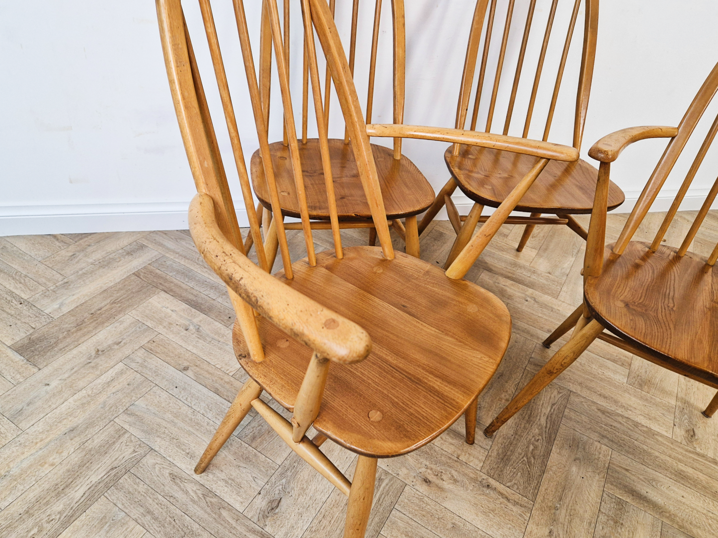 Ercol Quaker Vintage Mid Century Danish Deign Solid Elm Set 4 Dining Chairs BL581