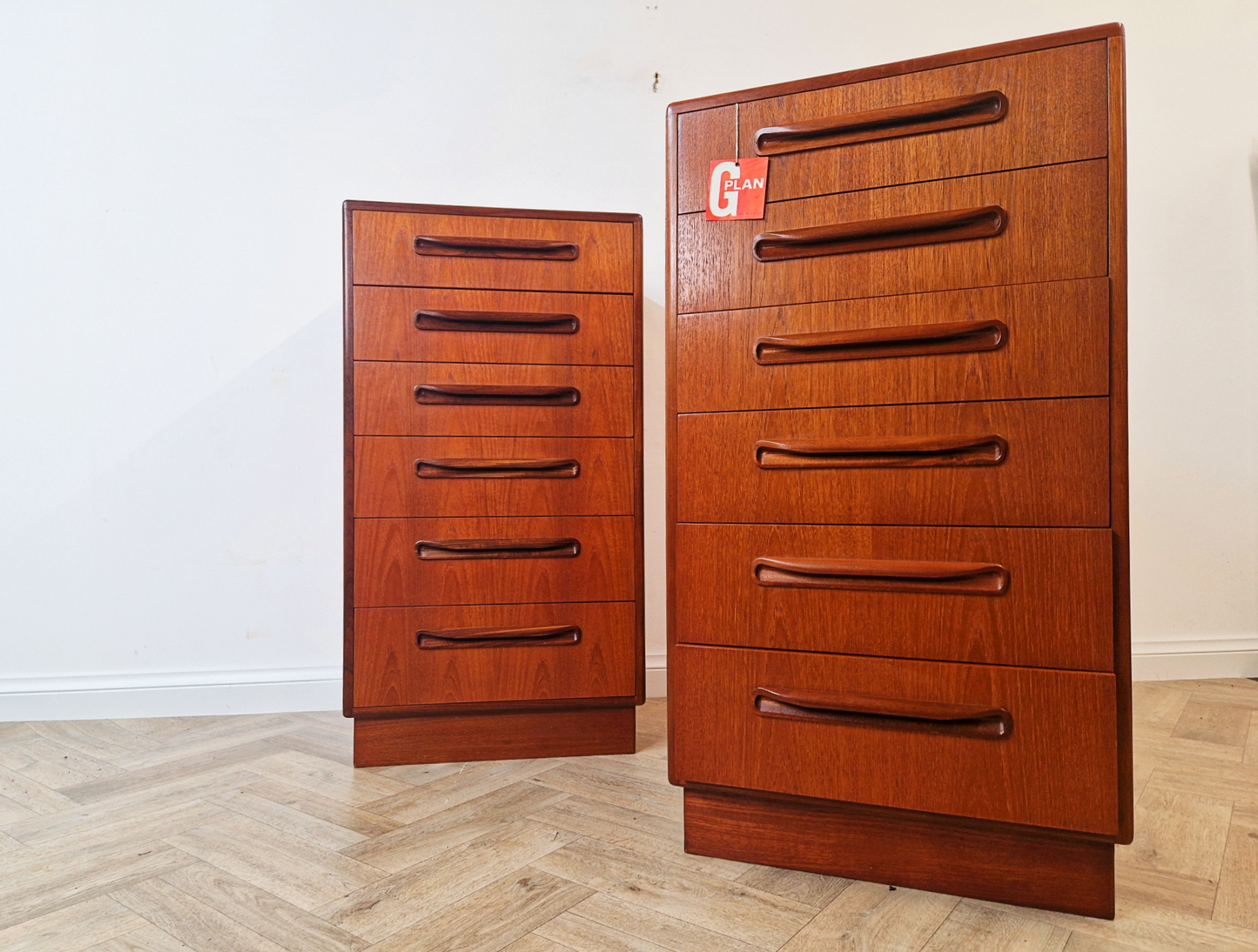 PAIR V.B Wilkins For G Plan Red Label Danish Design Medium Teak Tallboy Chest of Drawers