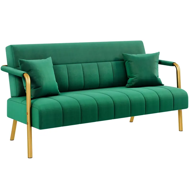 Mid Century Modern Velvet & Gold Tone Loveseat Sofa Couch