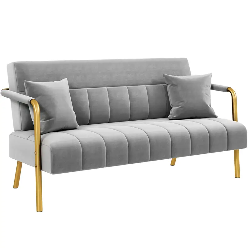 Mid Century Modern Velvet & Gold Tone Loveseat Sofa Couch
