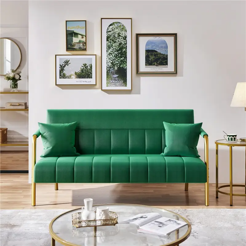 Mid Century Modern Velvet & Gold Tone Loveseat Sofa Couch