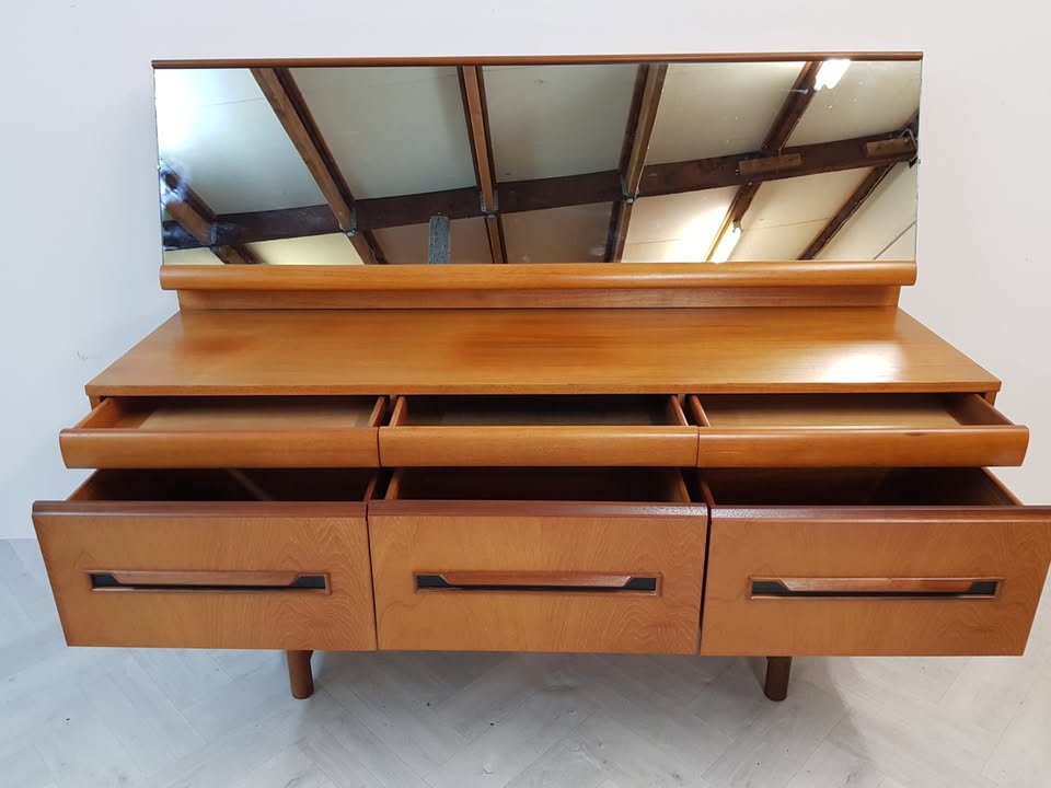Vintage Mid Century 1960s Danish Design Golden Teak Dresser Sideboard Desk