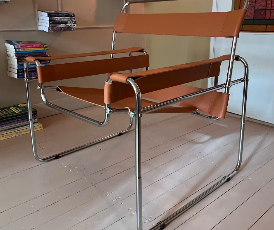 Mid Century Modern Bauhaus Nordic Design Leather & Steel Lounge Chair
