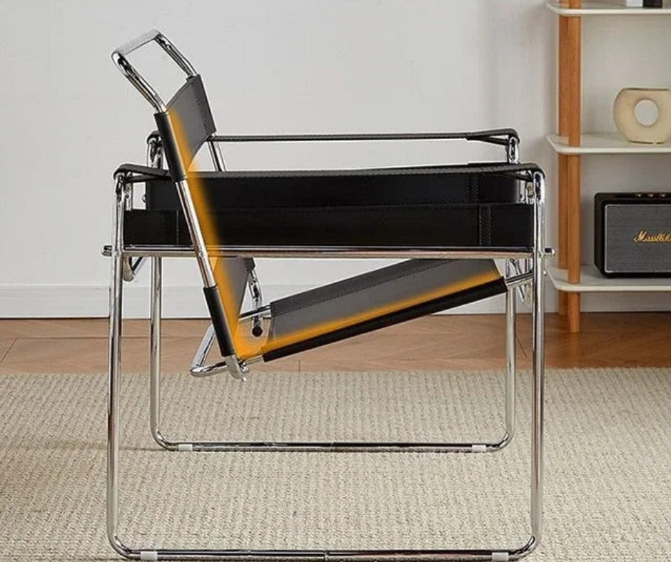 Mid Century Modern Bauhaus Nordic Design Leather & Steel Lounge Chair