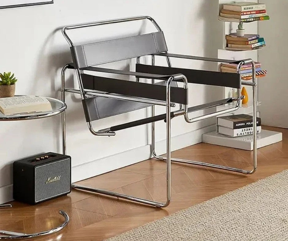 Mid Century Modern Bauhaus Nordic Design Leather & Steel Lounge Chair