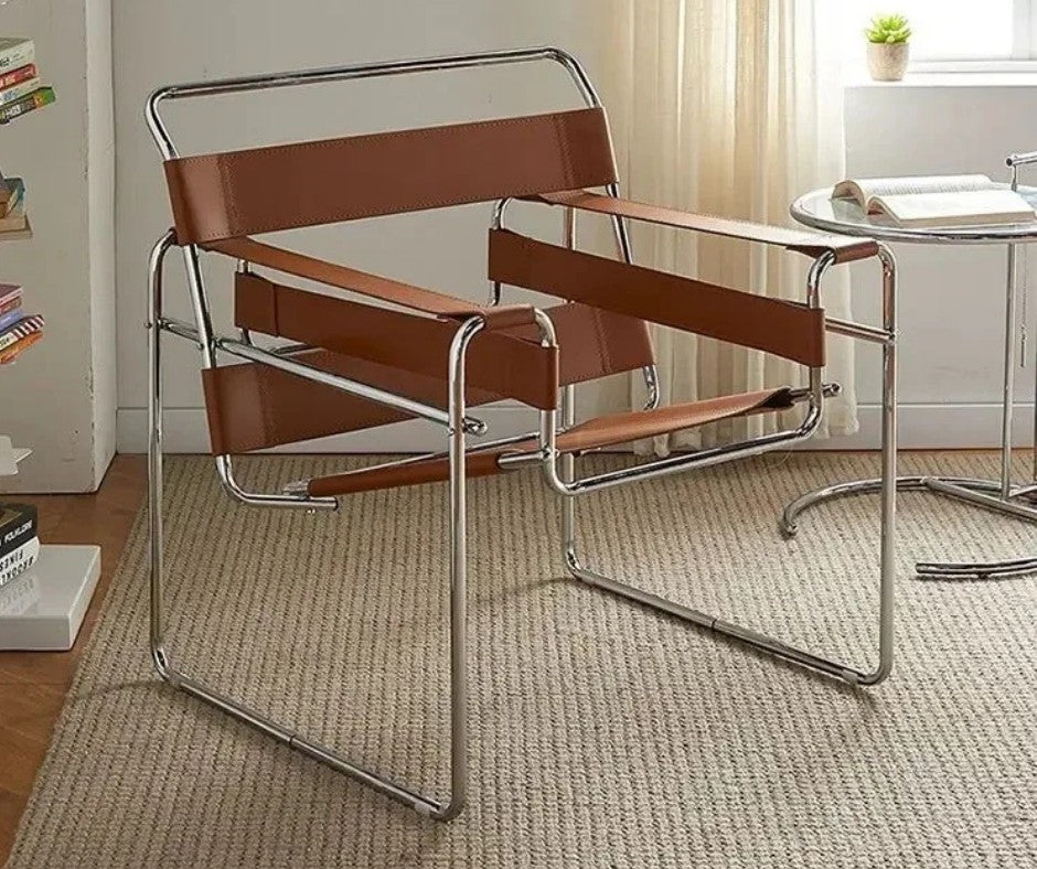 Mid Century Modern Bauhaus Nordic Design Leather & Steel Lounge Chair