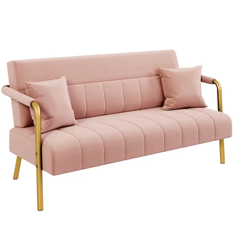 Mid Century Modern Velvet & Gold Tone Loveseat Sofa Couch