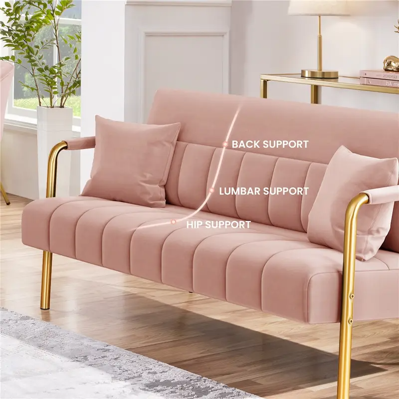 Mid Century Modern Velvet & Gold Tone Loveseat Sofa Couch