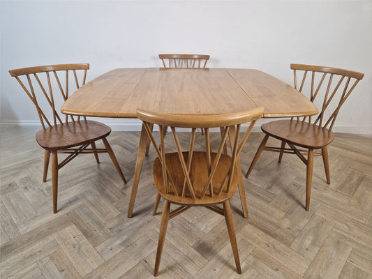 Ercol Vintage Mid Century Solid Elm Drop Leaf Table & Candlestick Chairs Dining Set