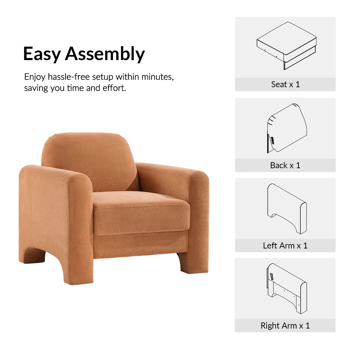 Mid Century Modern Nordic Design Burnt Orange Chennille Upholstered Accent Armchair
