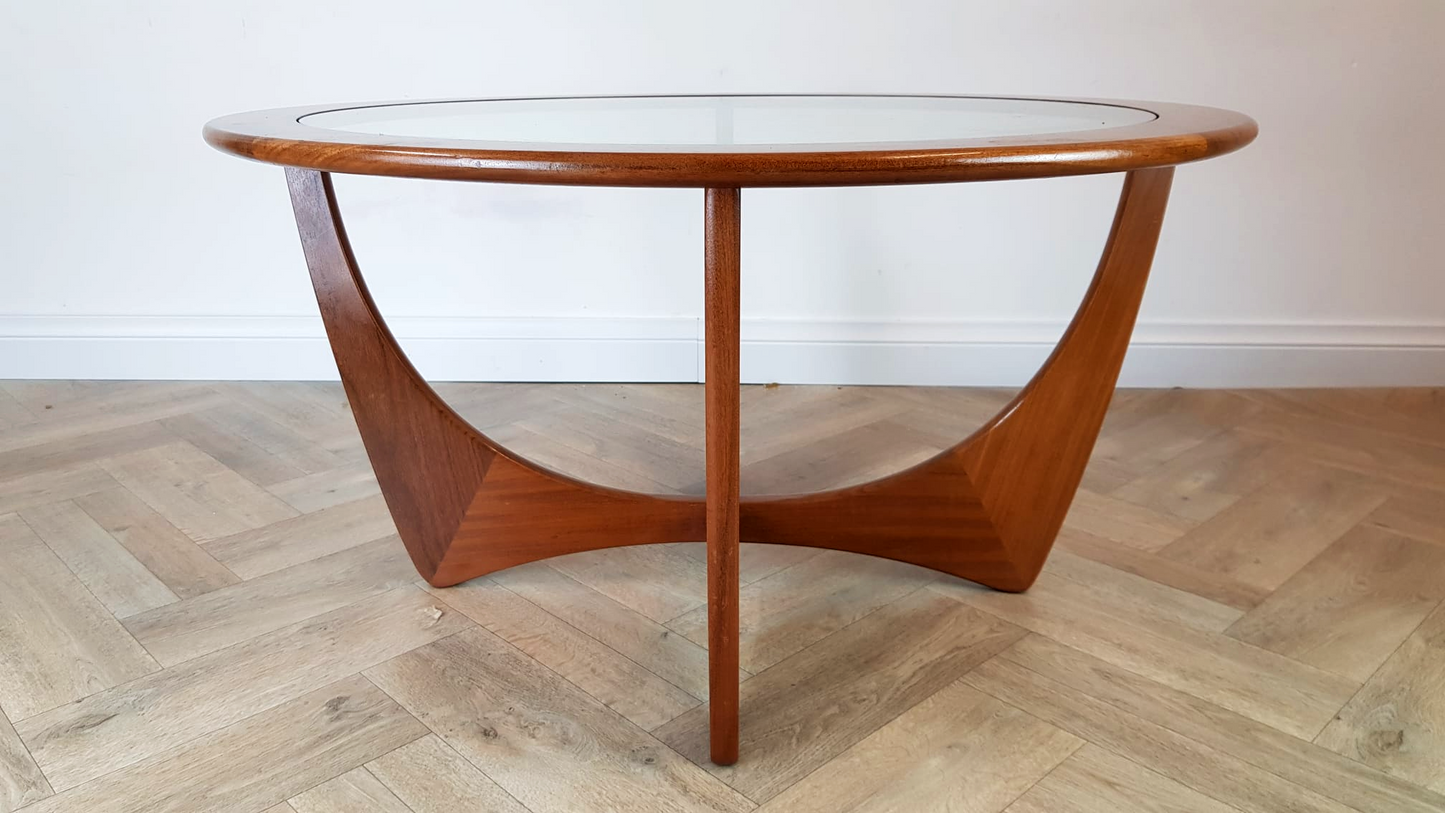 VB Wilkins For G Plan Astro Vintage Mid Century Solid Teak & Glazed Glass Round Coffee Table