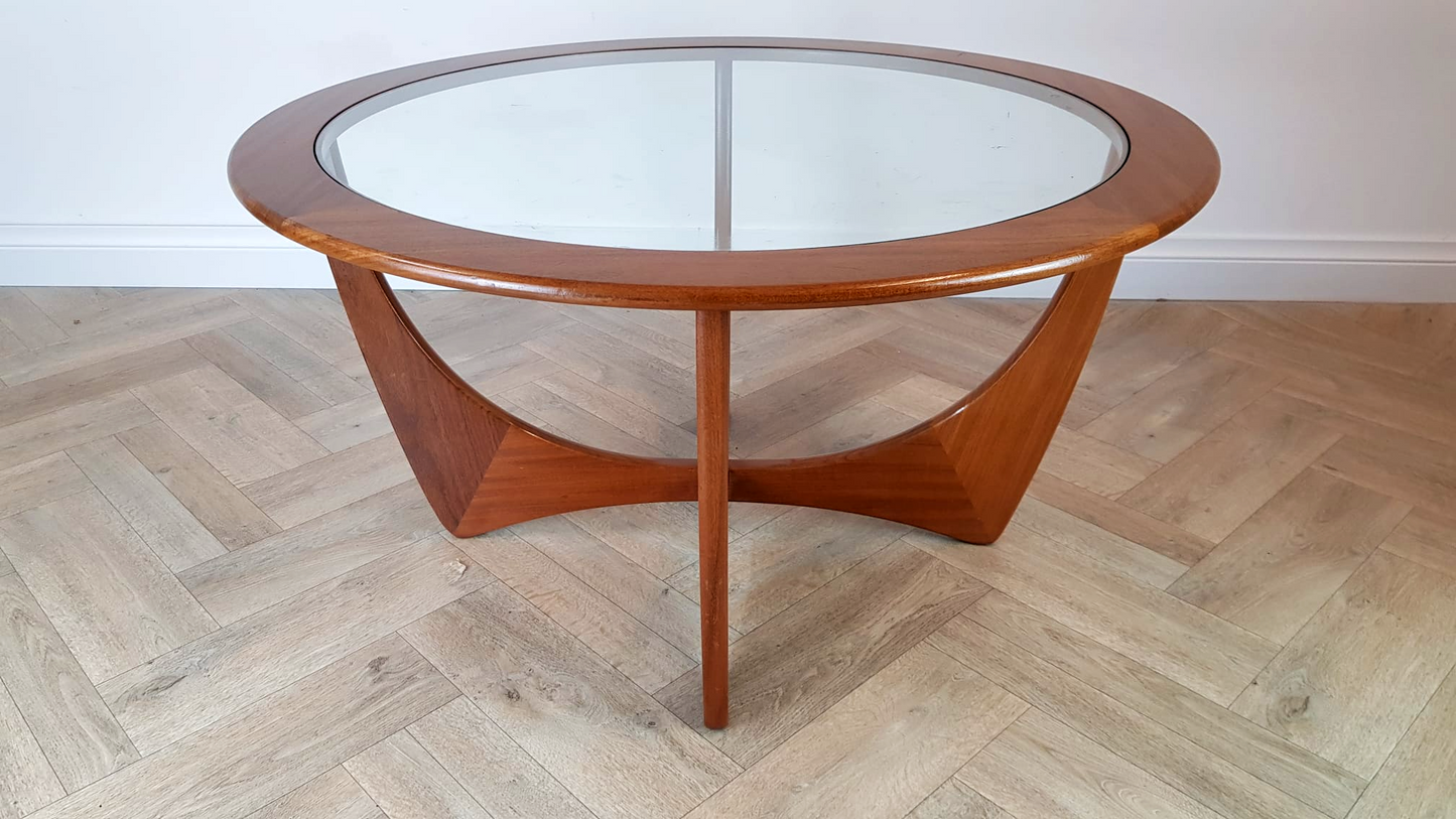 VB Wilkins For G Plan Astro Vintage Mid Century Solid Teak & Glazed Glass Round Coffee Table