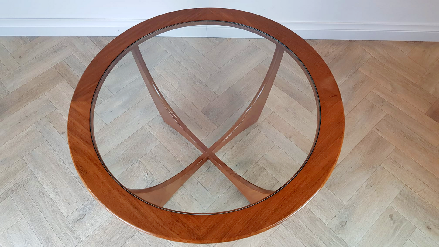 VB Wilkins For G Plan Astro Vintage Mid Century Solid Teak & Glazed Glass Round Coffee Table