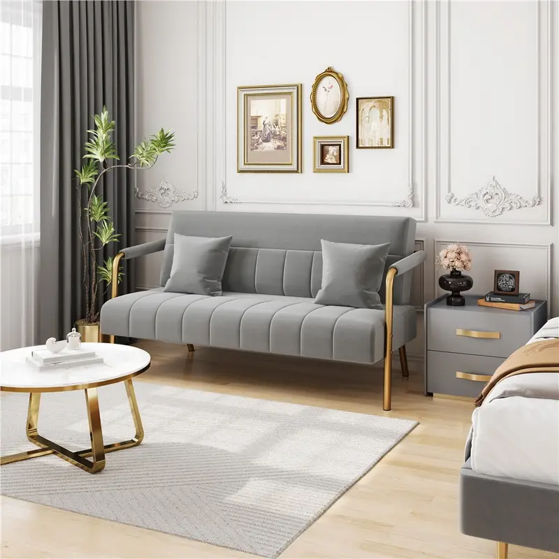 Mid Century Modern Velvet & Gold Tone Loveseat Sofa Couch