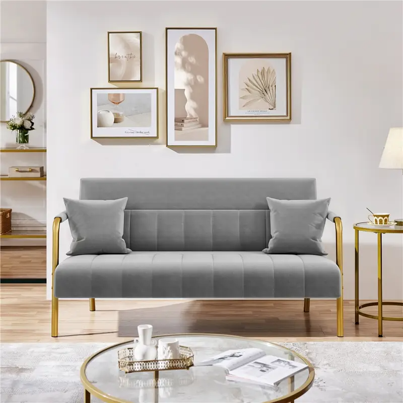 Mid Century Modern Velvet & Gold Tone Loveseat Sofa Couch