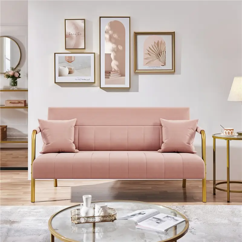 Mid Century Modern Velvet & Gold Tone Loveseat Sofa Couch