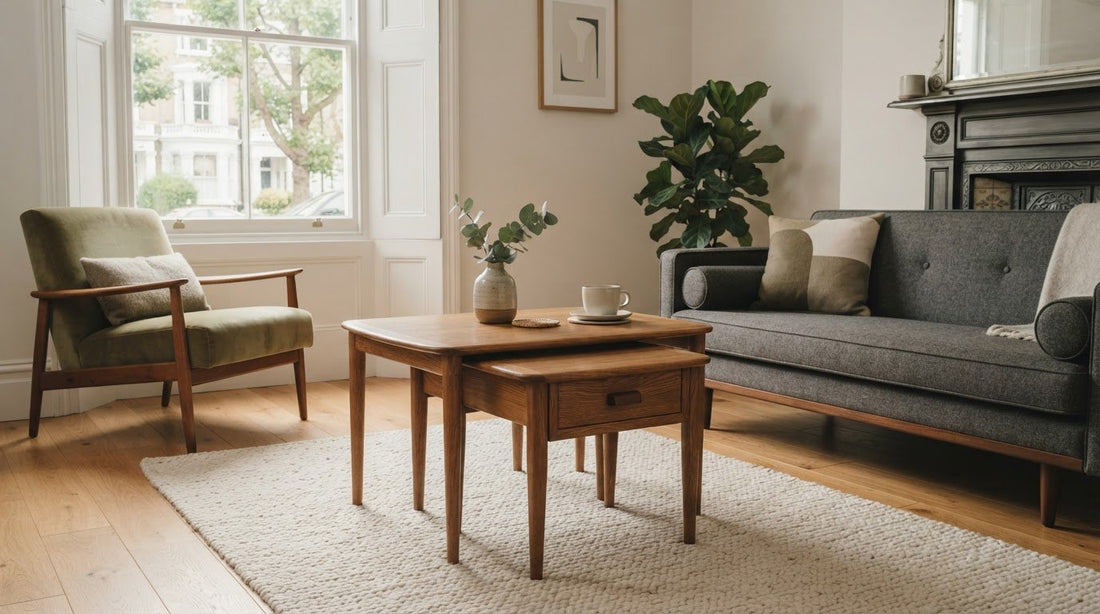 Mid century nest of tables in the UK, from oak to storage