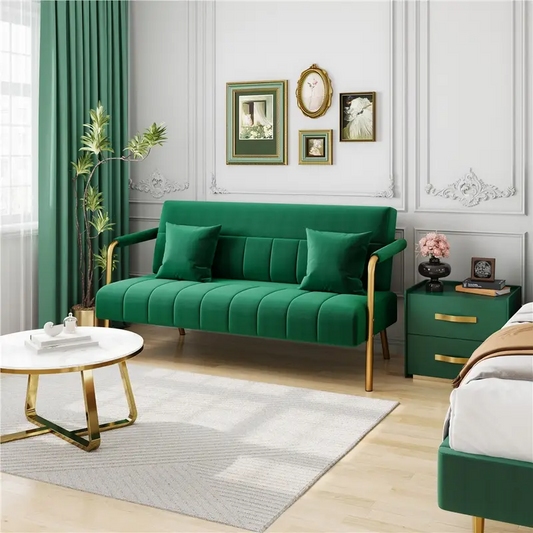 Mid Century Modern Velvet & Gold Tone Loveseat Sofa Couch