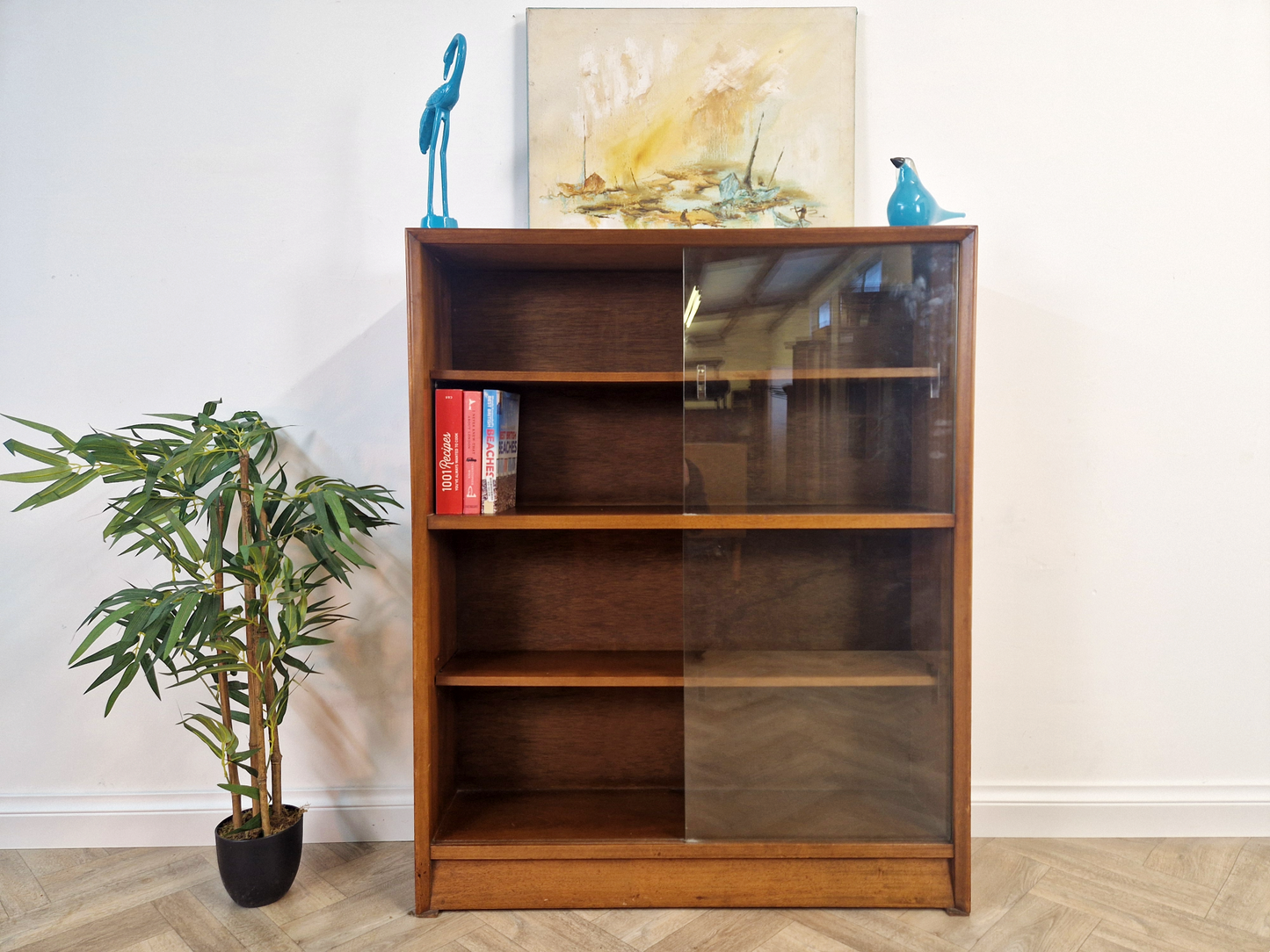 Herbert Gibbs Gold Signature Vintage Mid Century Medium Teak & Glazed Glass Bookcase