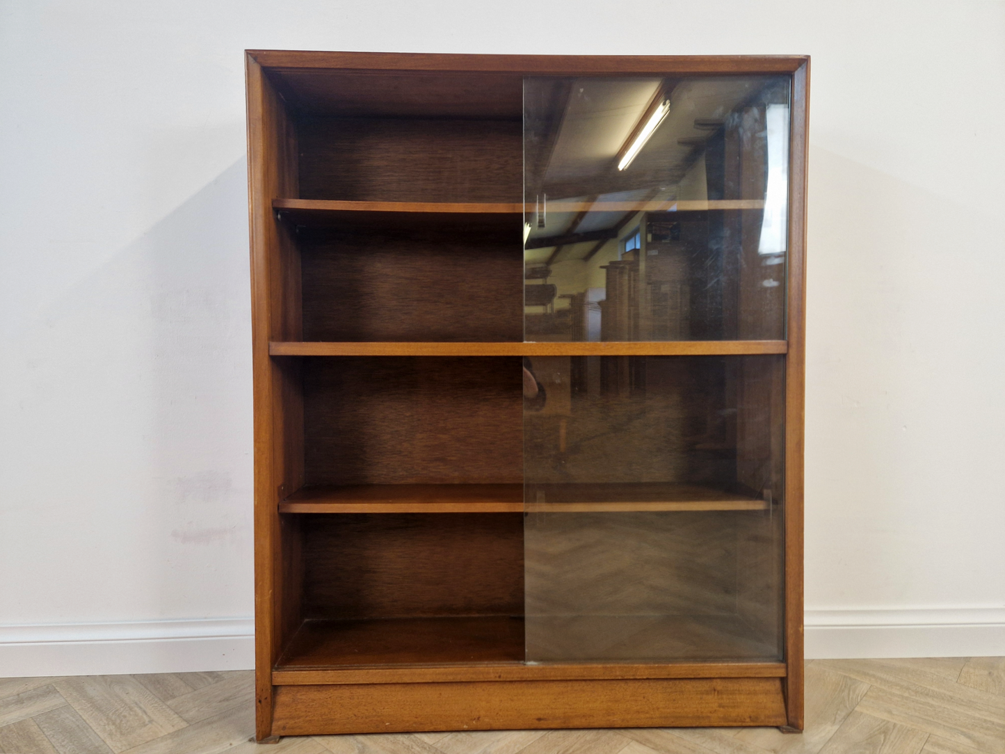 Herbert Gibbs Gold Signature Vintage Mid Century Medium Teak & Glazed Glass Bookcase