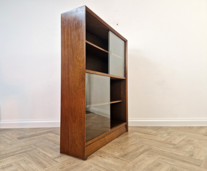 Herbert Gibbs Gold Signature Vintage Mid Century Medium Teak & Glazed Glass Bookcase