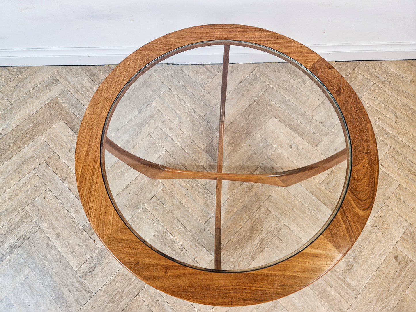 VB Wilkins For G Plan Astro Vintage Mid Century Solid Teak & Glazed Glass Round Coffee Table
