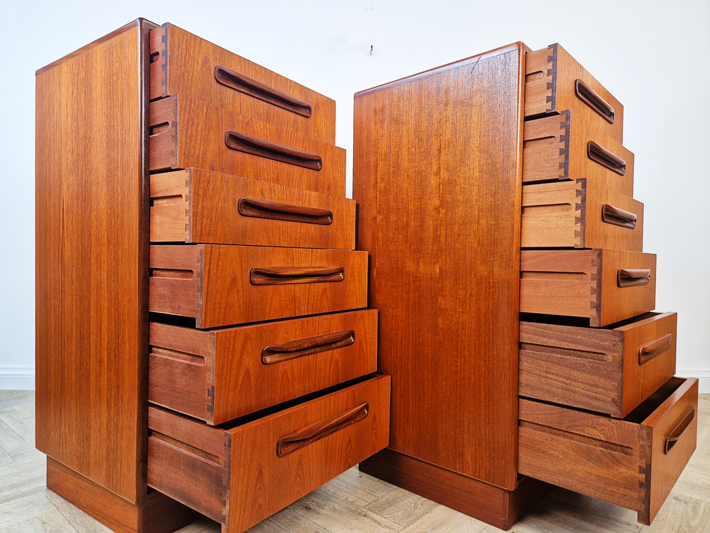 PAIR V.B Wilkins For G Plan Red Label Danish Design Medium Teak Tallboy Chest of Drawers