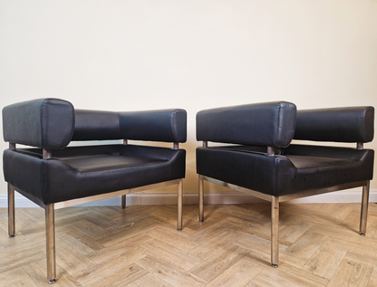 2 Mid Century Modern Scandinavian Design Chrome Wrap Around Lounge Accent Chairs