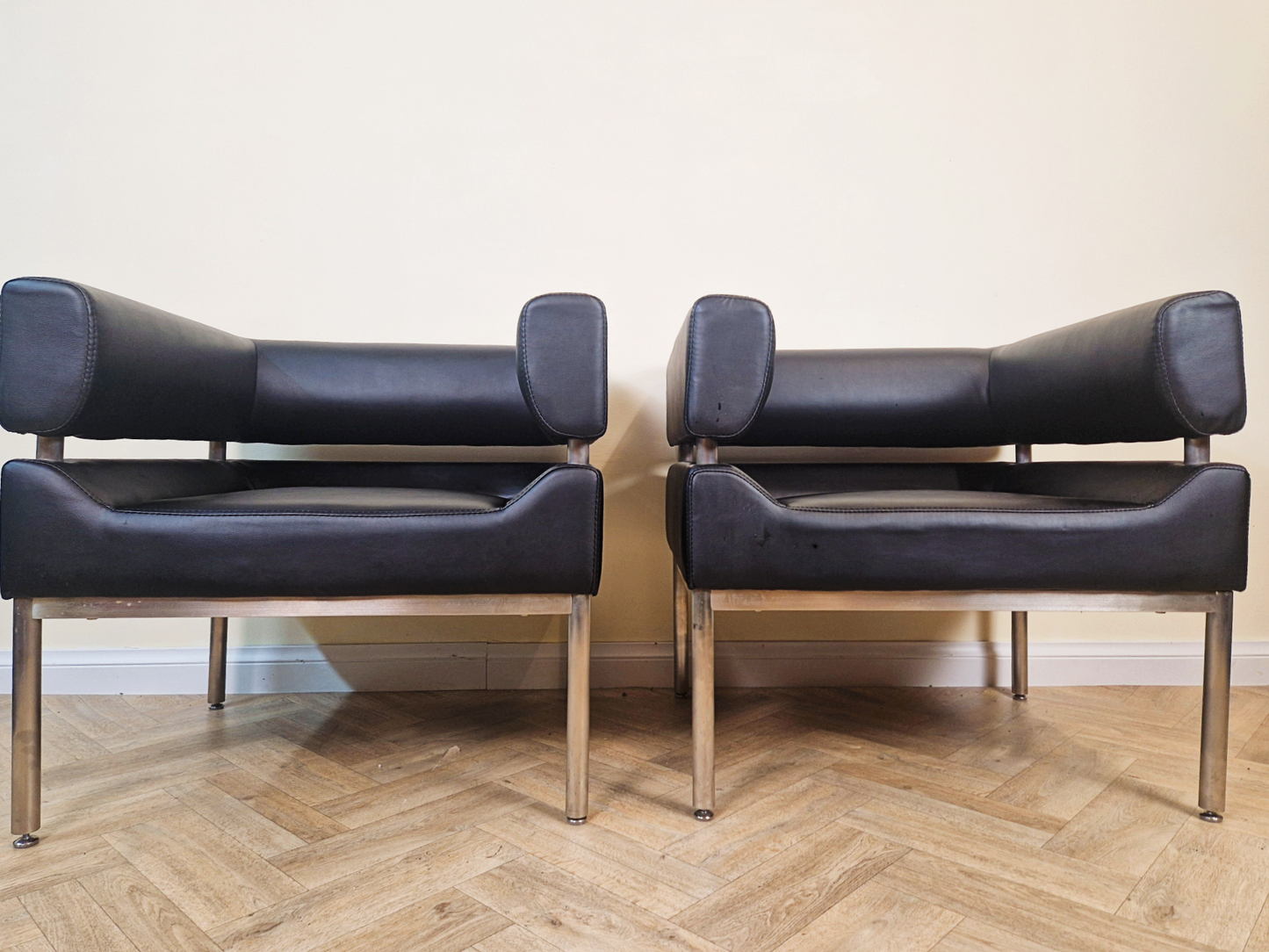 2 Mid Century Modern Scandinavian Design Chrome Wrap Around Lounge Accent Chairs