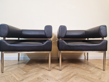 2 Mid Century Modern Scandinavian Design Chrome Wrap Around Lounge Accent Chairs