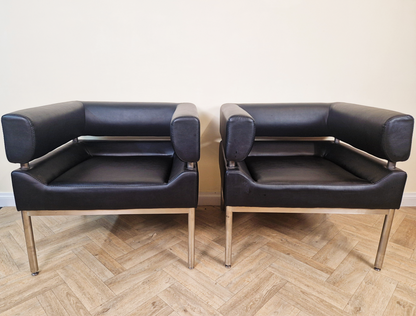 2 Mid Century Modern Scandinavian Design Chrome Wrap Around Lounge Accent Chairs