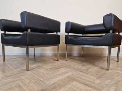 2 Mid Century Modern Scandinavian Design Chrome Wrap Around Lounge Accent Chairs