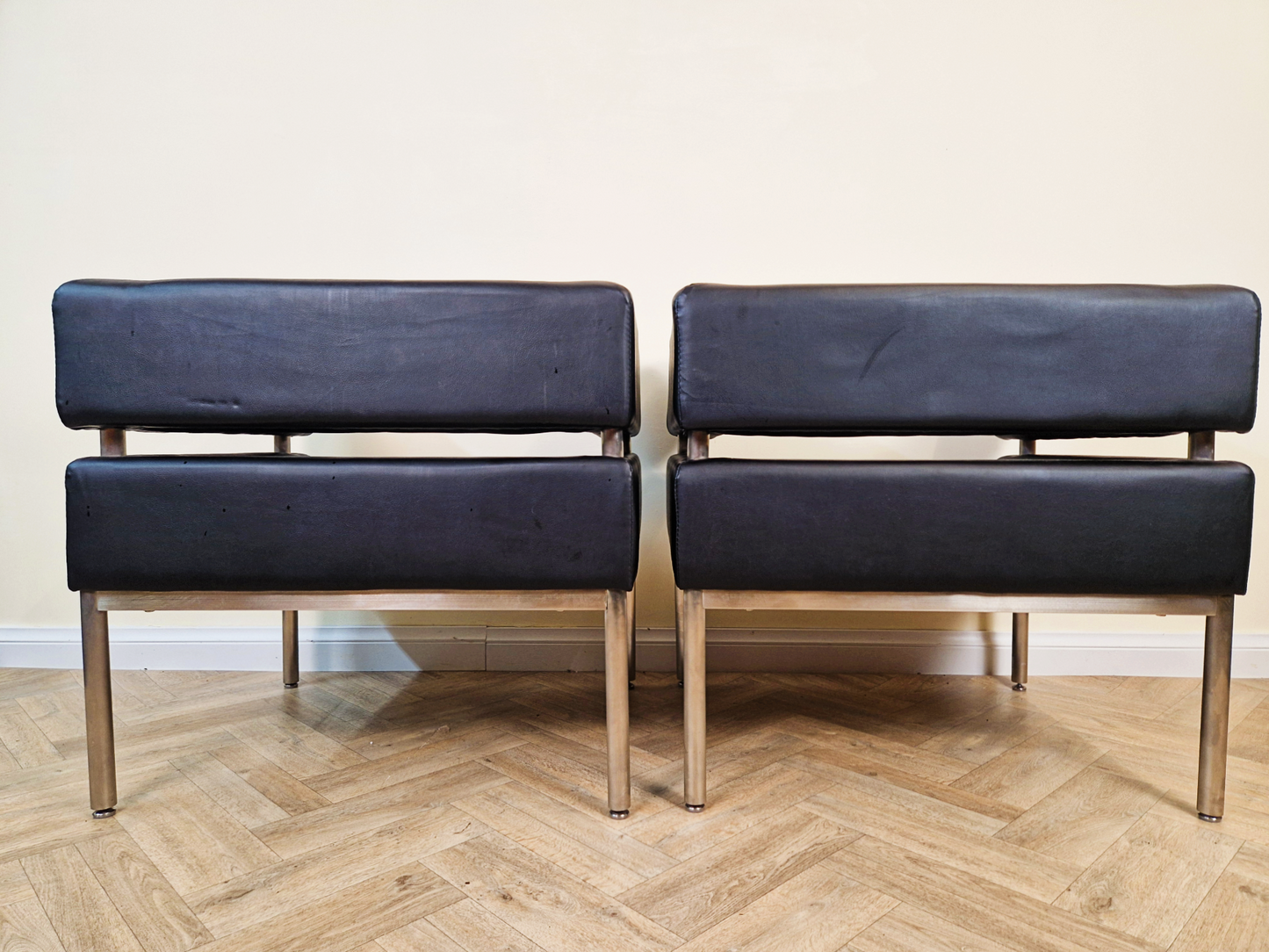 2 Mid Century Modern Scandinavian Design Chrome Wrap Around Lounge Accent Chairs