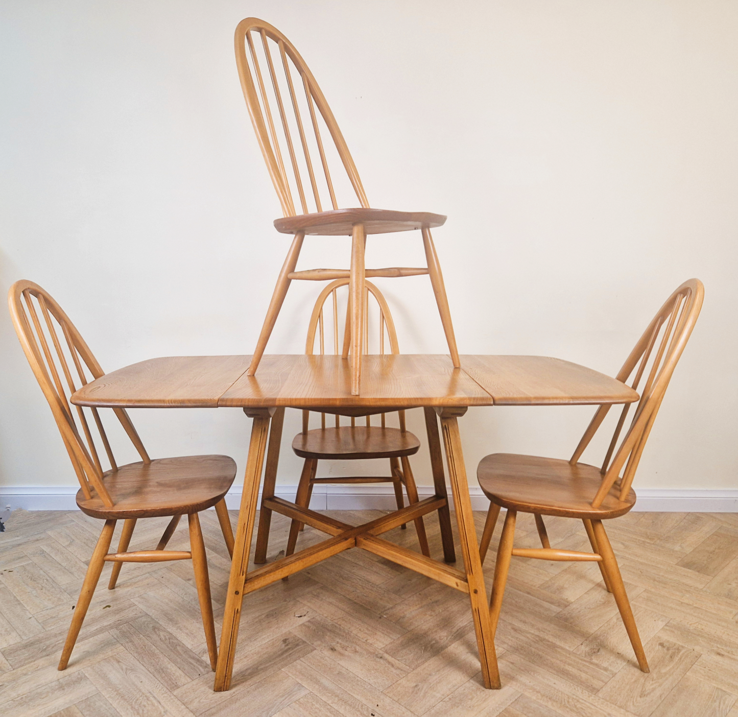 Ercol Mid Century Solid Elm Danish Design Drop Leaf Table & Chair Set