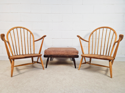 Pair Ercol Vintage Mid Century Solid Light Elm Lounge Accent Chairs With Footrest