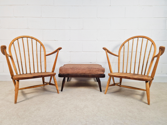 Pair Ercol Vintage Mid Century Solid Light Elm Lounge Accent Chairs With Footrest