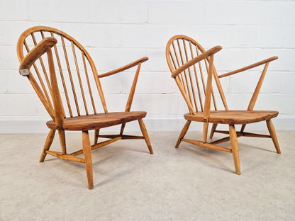 Pair Ercol Vintage Mid Century Solid Light Elm Lounge Accent Chairs With Footrest