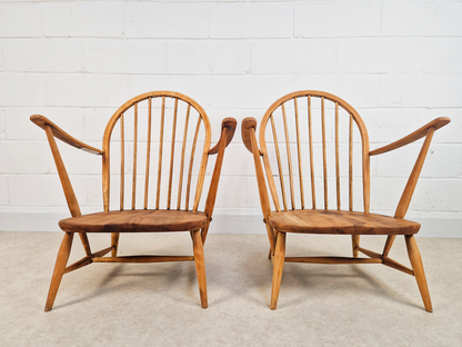 Pair Ercol Vintage Mid Century Solid Light Elm Lounge Accent Chairs With Footrest