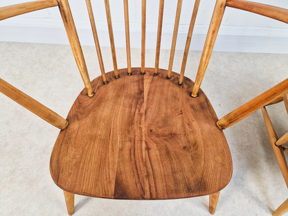 Pair Ercol Vintage Mid Century Solid Light Elm Lounge Accent Chairs With Footrest