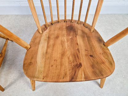 Pair Ercol Vintage Mid Century Solid Light Elm Lounge Accent Chairs With Footrest