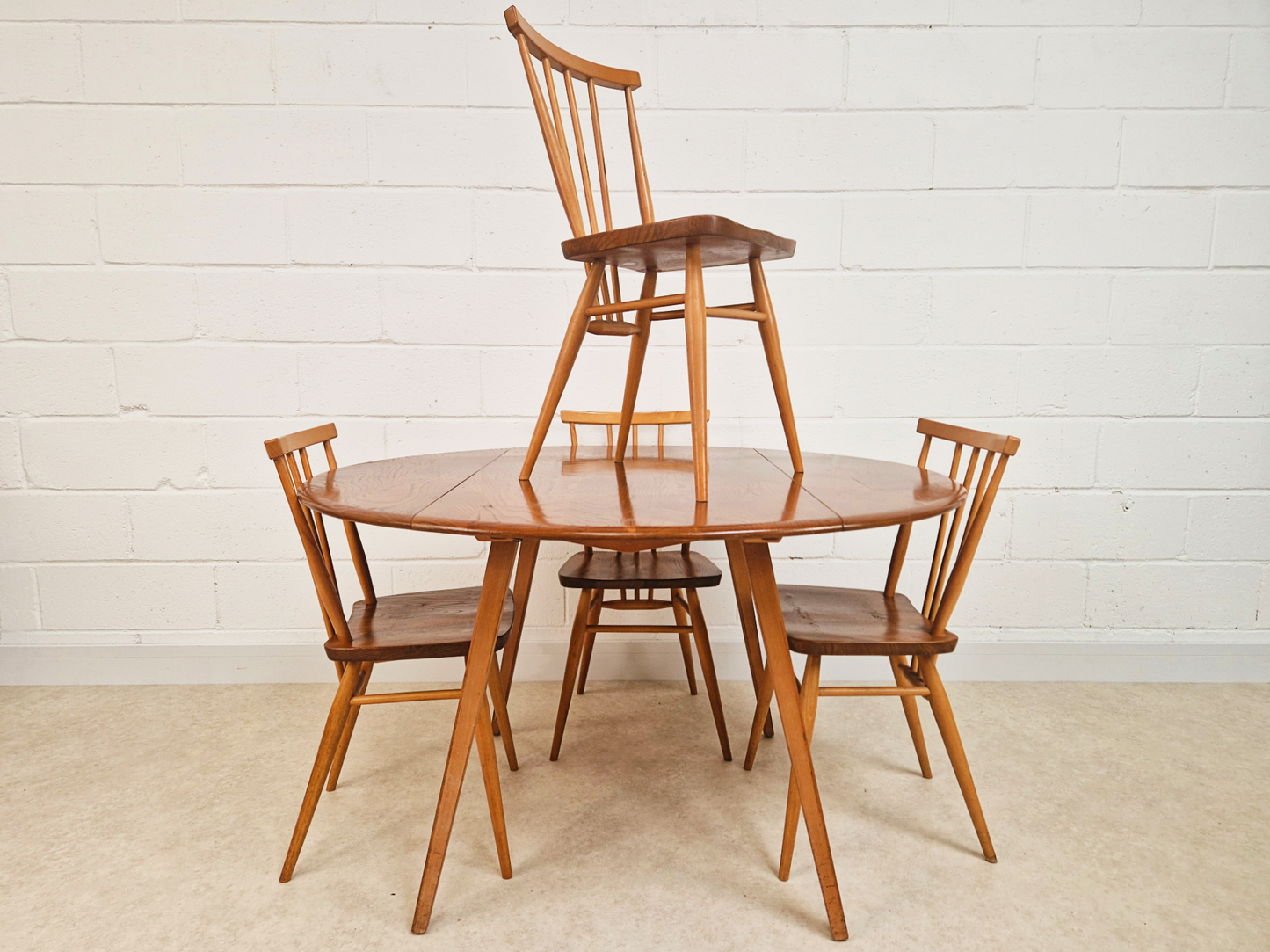Ercol Vintage Mid Century Solid Elm Drop Leaf Table and Stickback Chair Dining Set