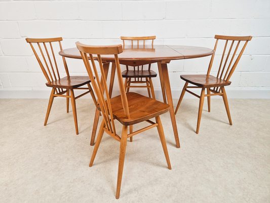 Ercol Vintage Mid Century Solid Elm Drop Leaf Table and Stickback Chair Dining Set