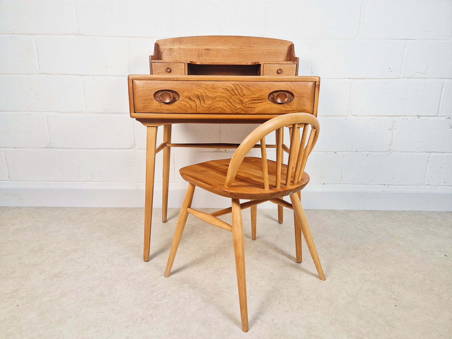 Ercol Vintage Mid Century Solid Elm 1960s Writing Desk WIth Matching Stool