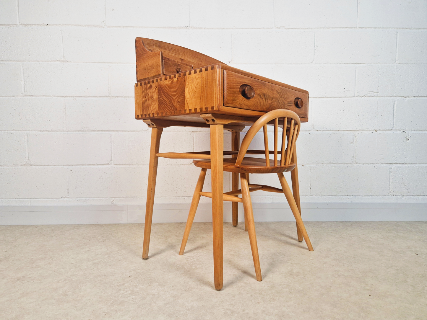 Ercol Vintage Mid Century Solid Elm 1960s Writing Desk WIth Matching Stool