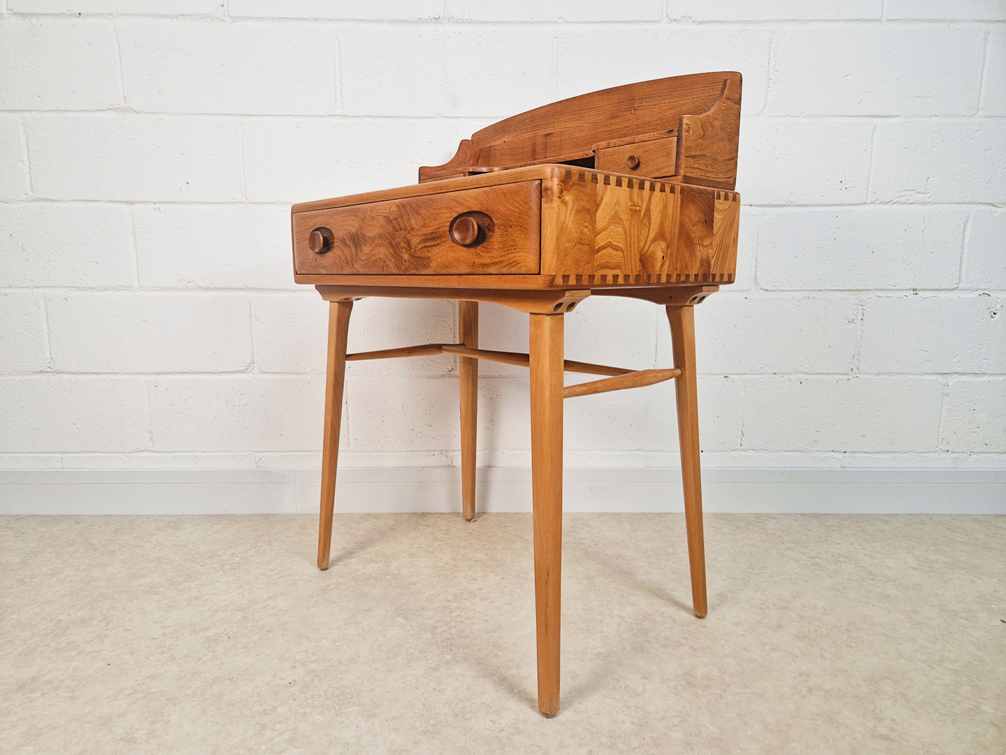 Ercol Vintage Mid Century Solid Elm 1960s Writing Desk WIth Matching Stool