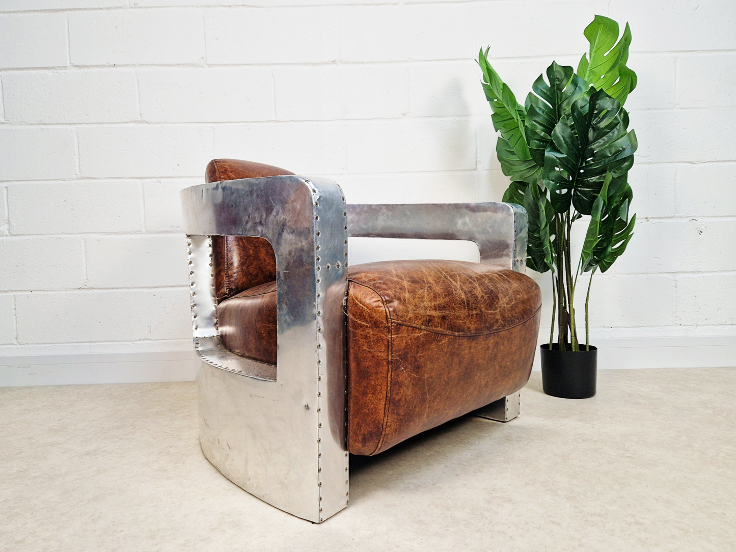 Vintage Mid Century Aluminium & Chesnut Leather Aviator Lounge Accent Armchair