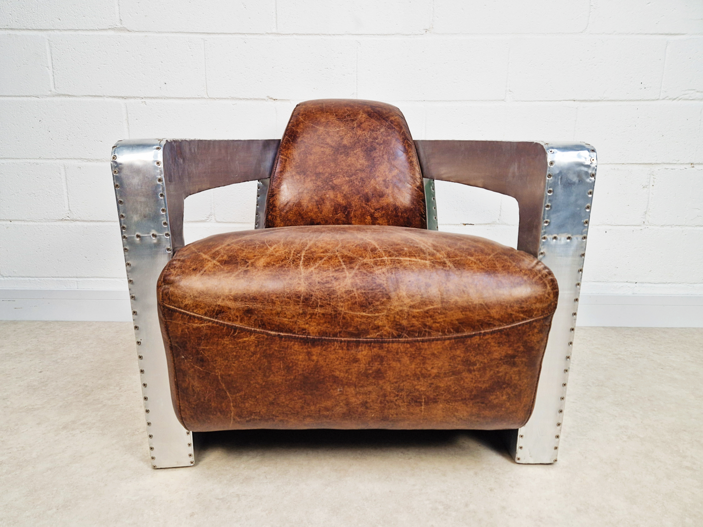 Vintage Mid Century Aluminium & Chesnut Leather Aviator Lounge Accent Armchair
